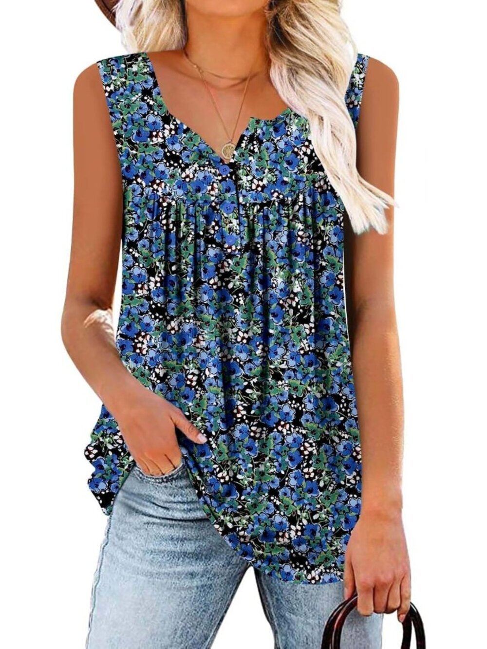 Women's Blue Green Tank Tops Pleated Blouse Summer Sleeveless Tops Basic